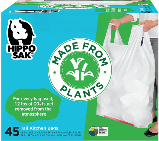 Hippo Sak - Plant Based Tall Kitchen Garbage Bags with Ergonomic Handles - 13 Gallon Trash Bags