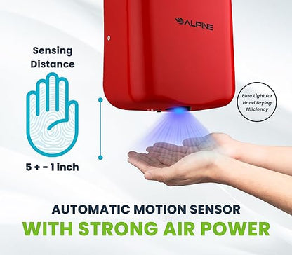 Alpine Automatic Hand Dryers for Bathrooms Commercial High Speed 110-120V Stainless Steel Electric Hand Dryer, Plug In & Hardwire Options with Air Filter, ADA & UL Compliant & 5 Years Coverage (Red)