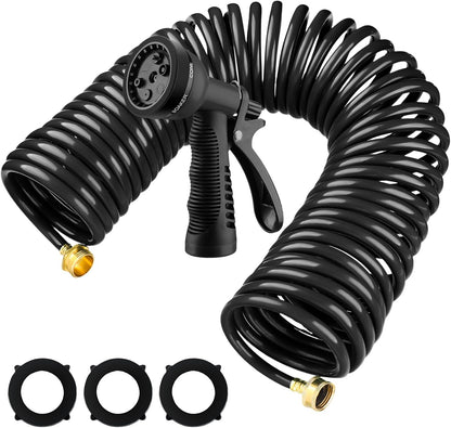 Pangda 25 Ft x 3/8'' Coil Garden Hose EVA Recoil Garden Self Coiling Expanding Water Hose with 6 Function Spray Nozzle Universal 3/4'' Brass Connector Fitting for Outdoor Yard(Black)