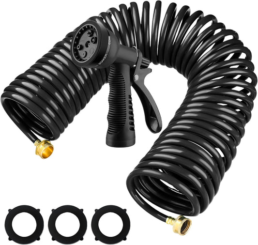 Pangda 25 Ft x 3/8'' Coil Garden Hose EVA Recoil Garden Self Coiling Expanding Water Hose with 6 Function Spray Nozzle Universal 3/4'' Brass Connector Fitting for Outdoor Yard(Black)