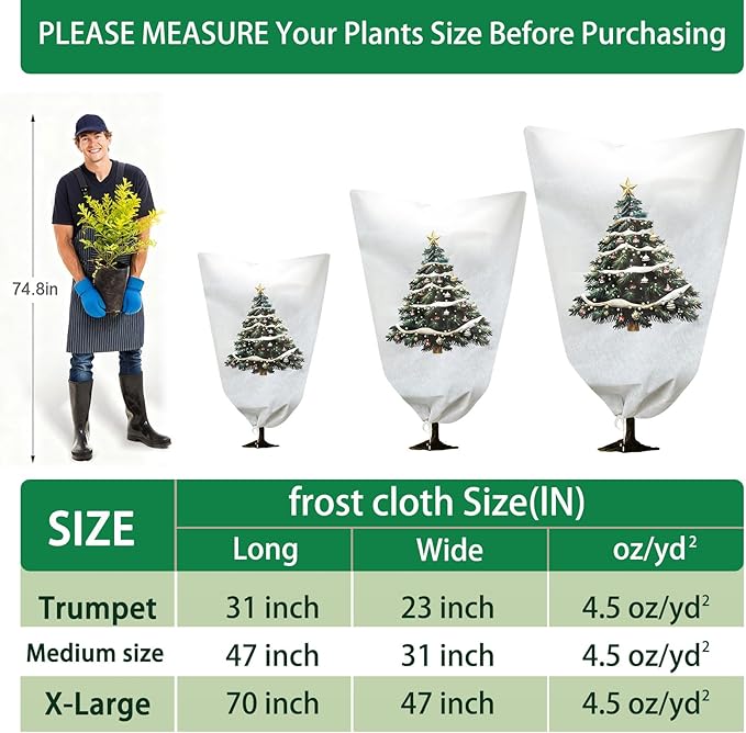 2-Pack Plant Covers Freeze Protection, 31" W x 47" L Thick Frost Cloth with Christmas Element, Tree Wrap for Winter with Zipper Drawstring Protect Your Plants