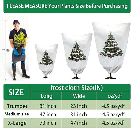 2-Pack Plant Covers Freeze Protection, 47" W x 70" L Thick Frost Cloth with Christmas Element, Tree Wrap for Winter with Zipper Drawstring Protect Your Plants