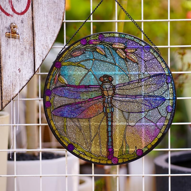 Butterfly Stained Glass Suncatcher,Stained Glass Decor with Metal Chain,Butterfly Suncatcher for Window Hanging (Dragonfly_C)