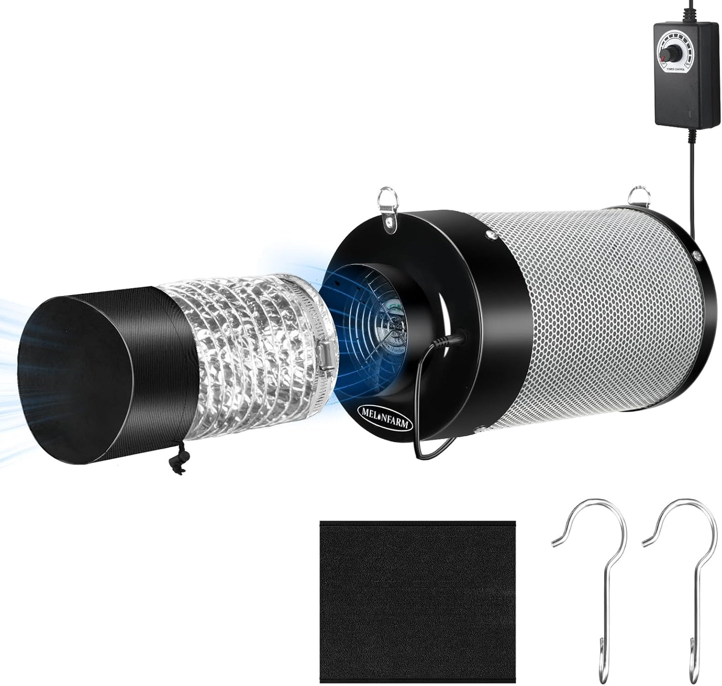 MELONFARM Air Filtration Kit 4", Built-in 14cm Fan Low Nois Carbon Filter with 12-Speed Controller, 8' Ducting & 6" Vent Cover, Cooling & Ventilation System for Grow Tents, Indoor Gardening 4"x12.2"