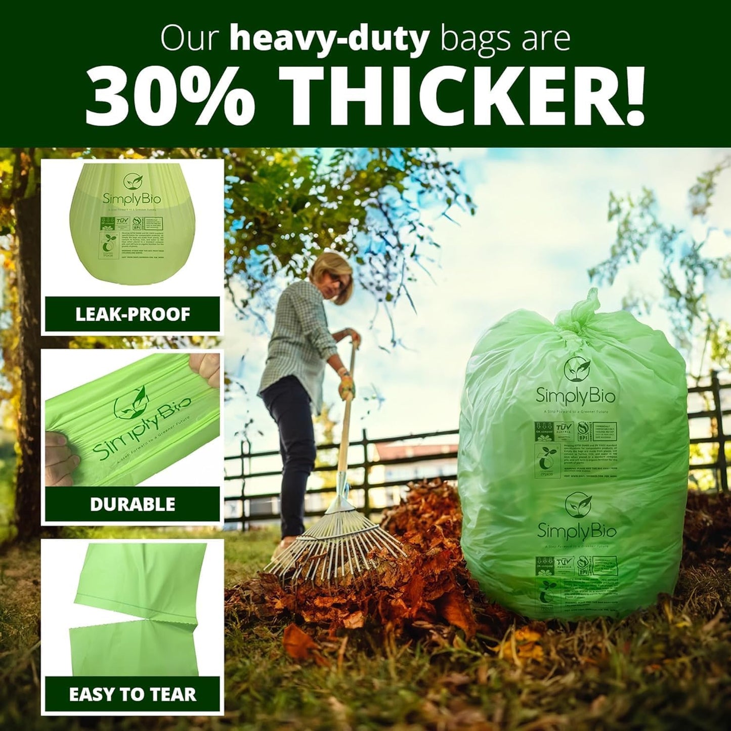 64 Gallon Compostable Trash Bags Flat-Top, Heavy Duty Extra Thick 2 Mil, 242.27 Liter, 12 Bags, Large Lawn and Yard Waste Bag, ASTM D6400, US BPI and OK Compost Home Certified