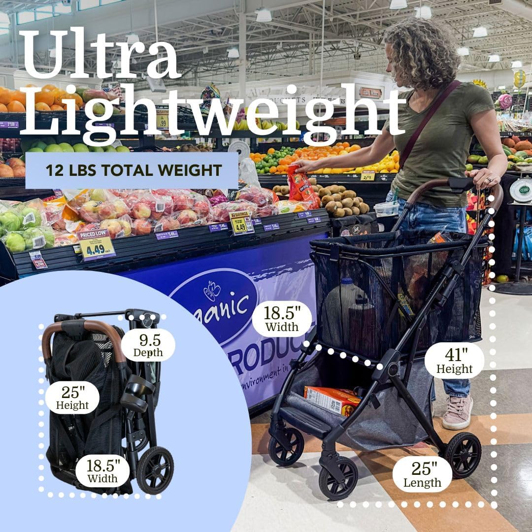 Strolee Personal Luxury Folding Shopping Cart On Premium Wheels – Ultra Lightweight Aluminum Frame – Removable Shopping Bag with Carry Strap & Lower Grocery Storage 75Lbs Capacity (Shadow v2)