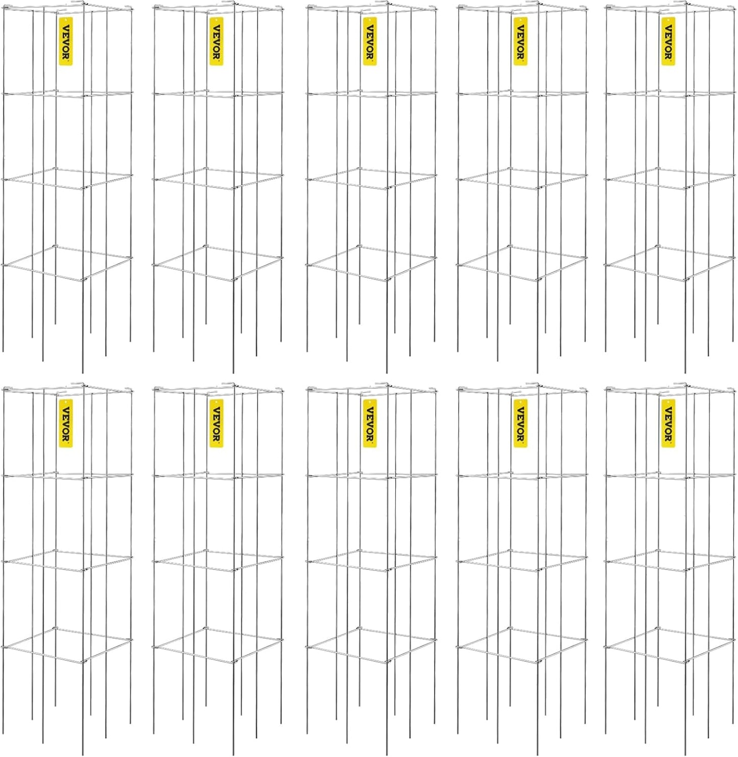 VEVOR Tomato Cages, 11.8" x 11.8" x 46.1", 10 Packs Square Plant Support Cages, Silver PVC-Coated Steel Tomato Towers for Climbing Vegetables, Plants, Flowers, Fruits