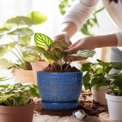 G EPGardening Plant Pots Indoor 5 Inch - Ceramic Pot for Plants with Drainage Hole and Saucer Round Planter Outdoor Modern Flower Pot Home Office Decor Blue