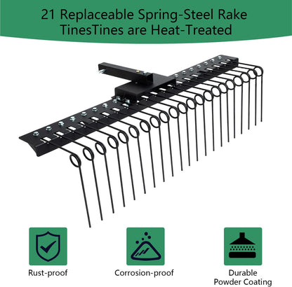 5FT Durable Pine Straw Rake Steel Spring Landscape Rake Fits 2" Receiver for Lawn Tractors or ATV/UTV，Black