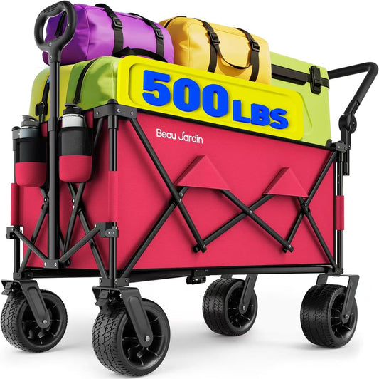 BEAU JARDIN Folding Push & Pull Beach Wagon 500 lbs Collapsible Foldable Wagons with Push Handle