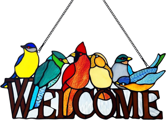 6 Birds Stained Glass Welcome Sign for Front Door Window Hanging Suncatcher, Handmade Tiffany Style
