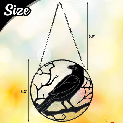 Raven Stained Glass Suncatcher Window Hanging Decoration, Halloween Gothic Black Crow Glass Ornament for Window, Home, Kitchen, Living Room Decor