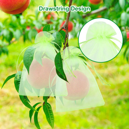 CHRORINE 60Pcs Fruit Protection Bags 8×12 Inch, Fruit Netting Mesh Bags for Fruit Trees, Reusable Garden Netting Bags with Drawstring, Light Green