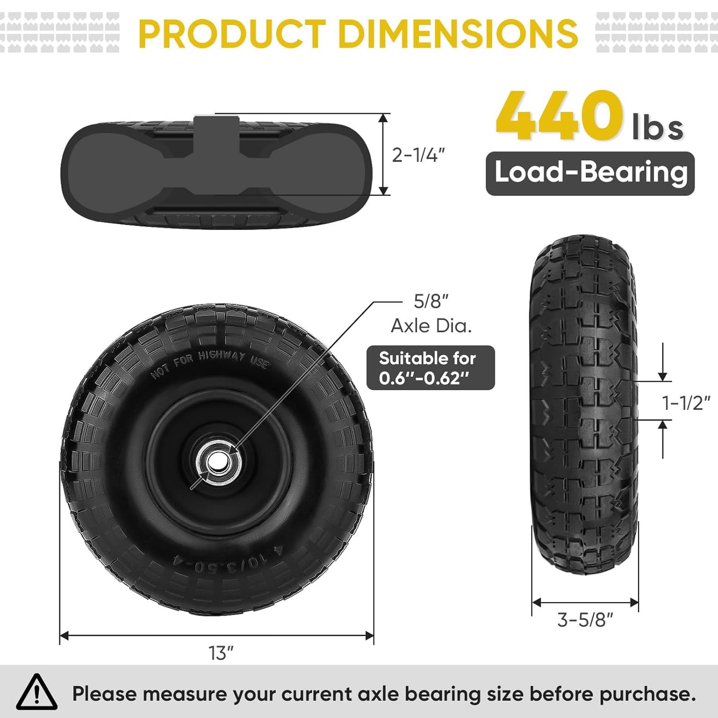 TICONN 4.00-6 Tire and Wheel Flat Free, 4 Pack 13" Solid Tires with 5/8" Axle Bore Hole and Double Sealed Bearings, Perfect for Wheelbarrow, Garden Cart, Wagon, Dolly (Black, 4PK)
