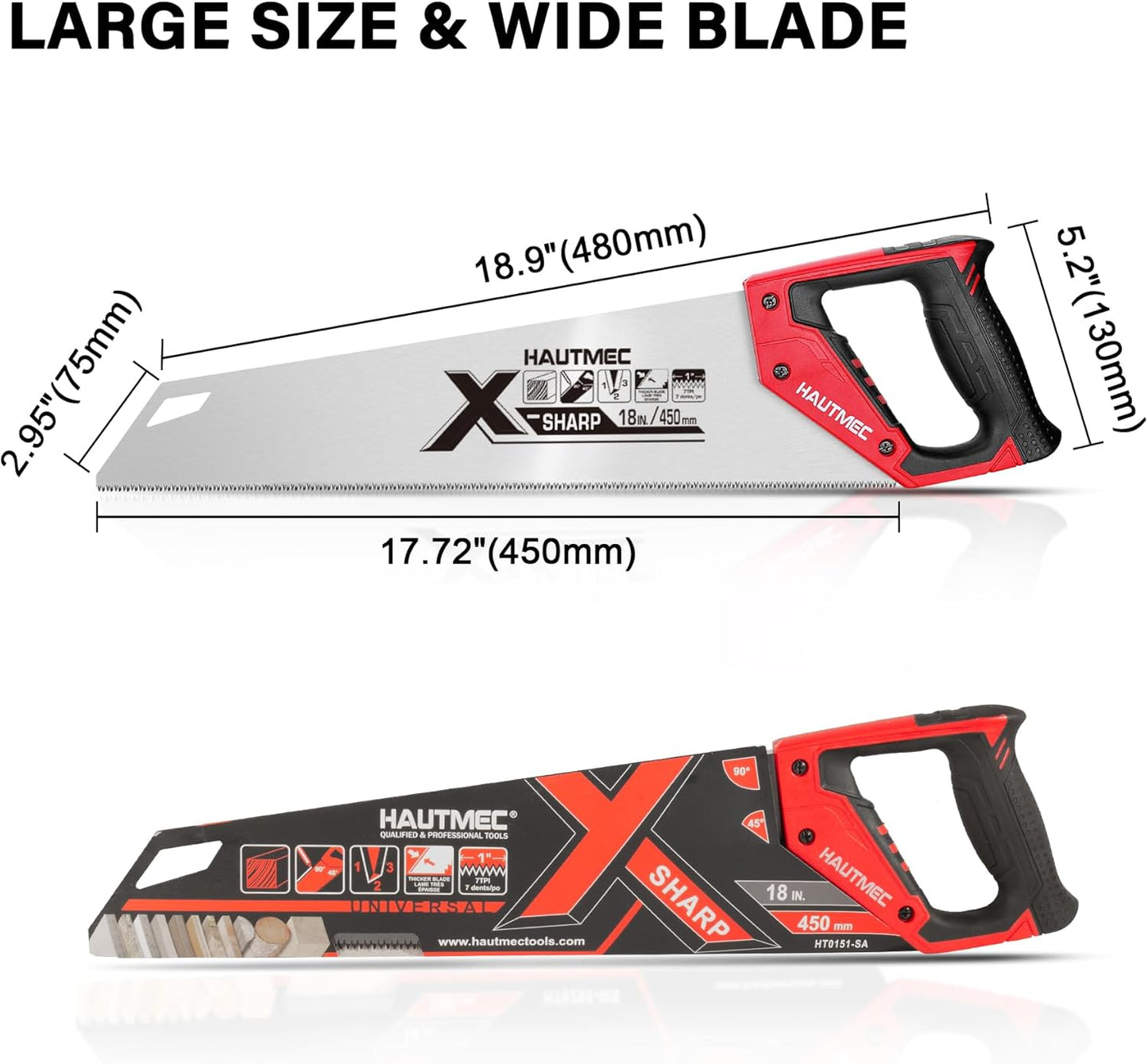 HAUTMEC 18" X-Sharp Pro Hand Saw for Speed and Quality Cuts, Universal Handsaw with 7 TPI /8PPI Triple Ground Teeth, 1mm Thick Blade Ergonomic Bimaterial Soft Handle – HT0151