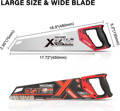 HAUTMEC 18" X-Sharp Pro Hand Saw for Speed and Quality Cuts, Universal Handsaw with 7 TPI /8PPI Triple Ground Teeth, 1mm Thick Blade Ergonomic Bimaterial Soft Handle – HT0151