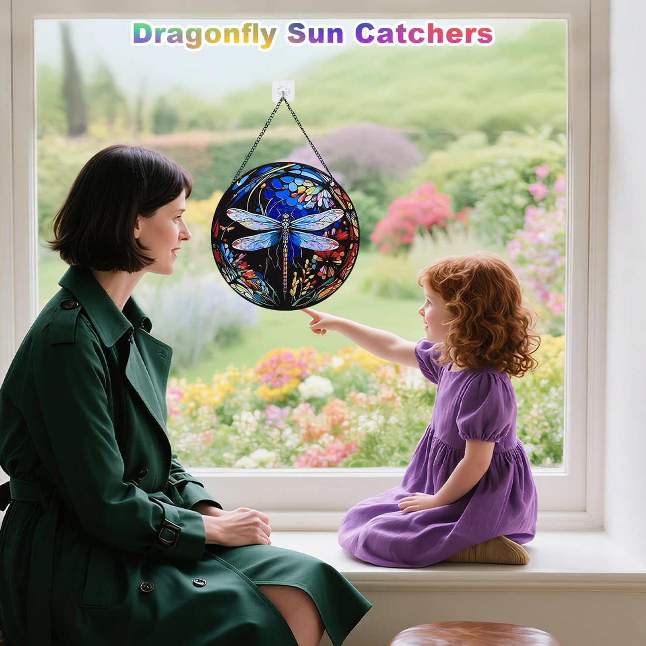 Stained Glass Window Hanging - Dragonfly Stained Glass Suncatcher, Sun Catchers for Indoor Window Decor, Gift for Women,Mom,Friends (12 Inch)