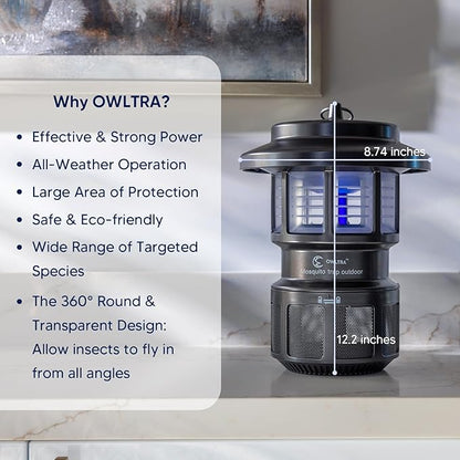OWLTRA OMT-L20 Indoor & Outdoor Electric Insect Trap, Catcher & Killer Lamp for Mosquitoes, Biting Flies, Wasps, Moths, Sink Bugs, No-See-Ums and More with Light Attraction and Fan Suction, Gray