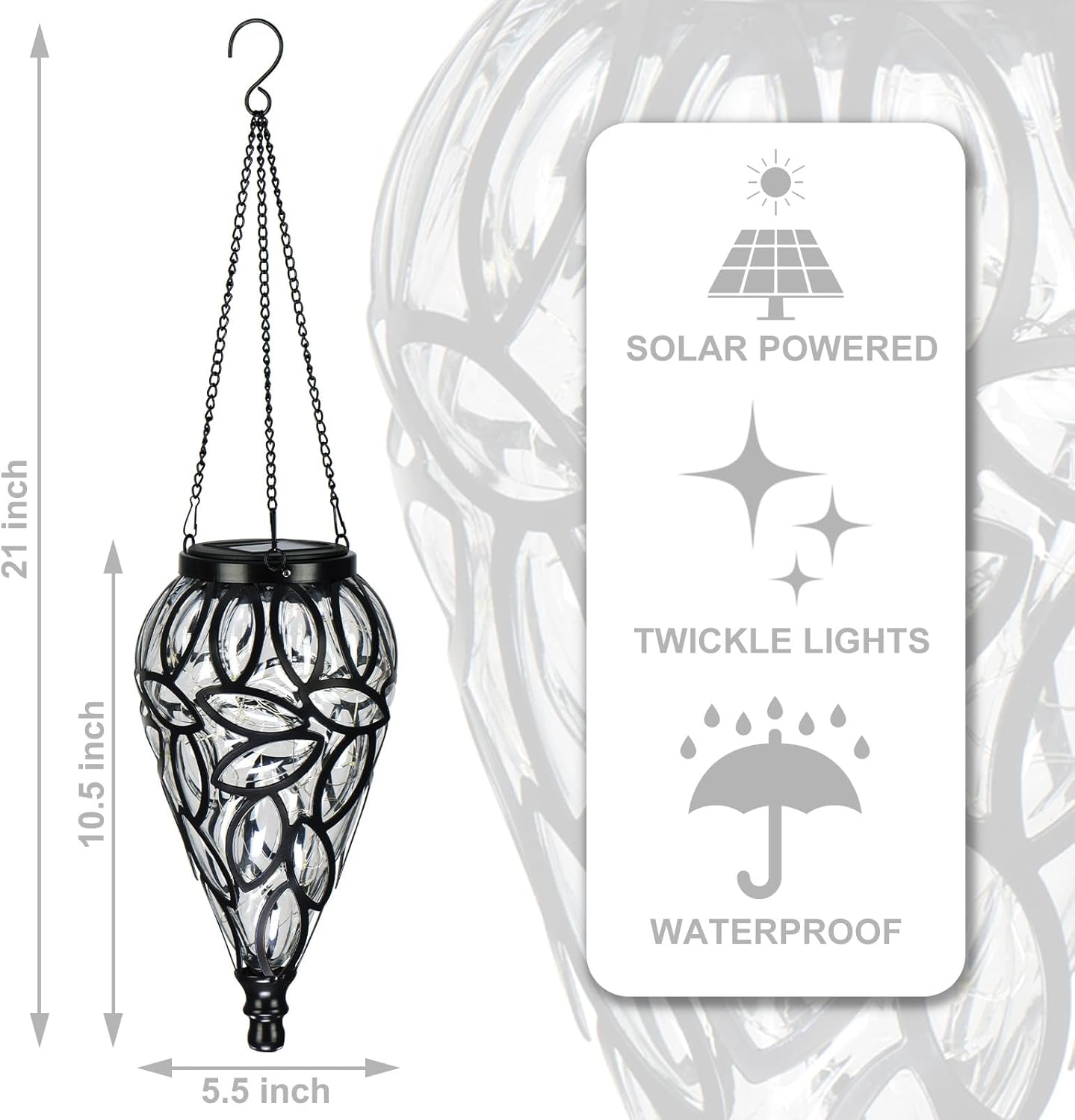 LEWIS&WAYNE Solar Hanging Lantern Outdoor Lights, Tear-Shaped 15 LEDs Cool White Hanging Lights with S Hooks Decor in Garden, Yard, Pathway, Front Door and Landscape
