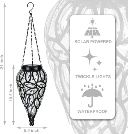 LEWIS&WAYNE Solar Hanging Lantern Outdoor Lights, Tear-Shaped 15 LEDs Cool White Hanging Lights with S Hooks Decor in Garden, Yard, Pathway, Front Door and Landscape