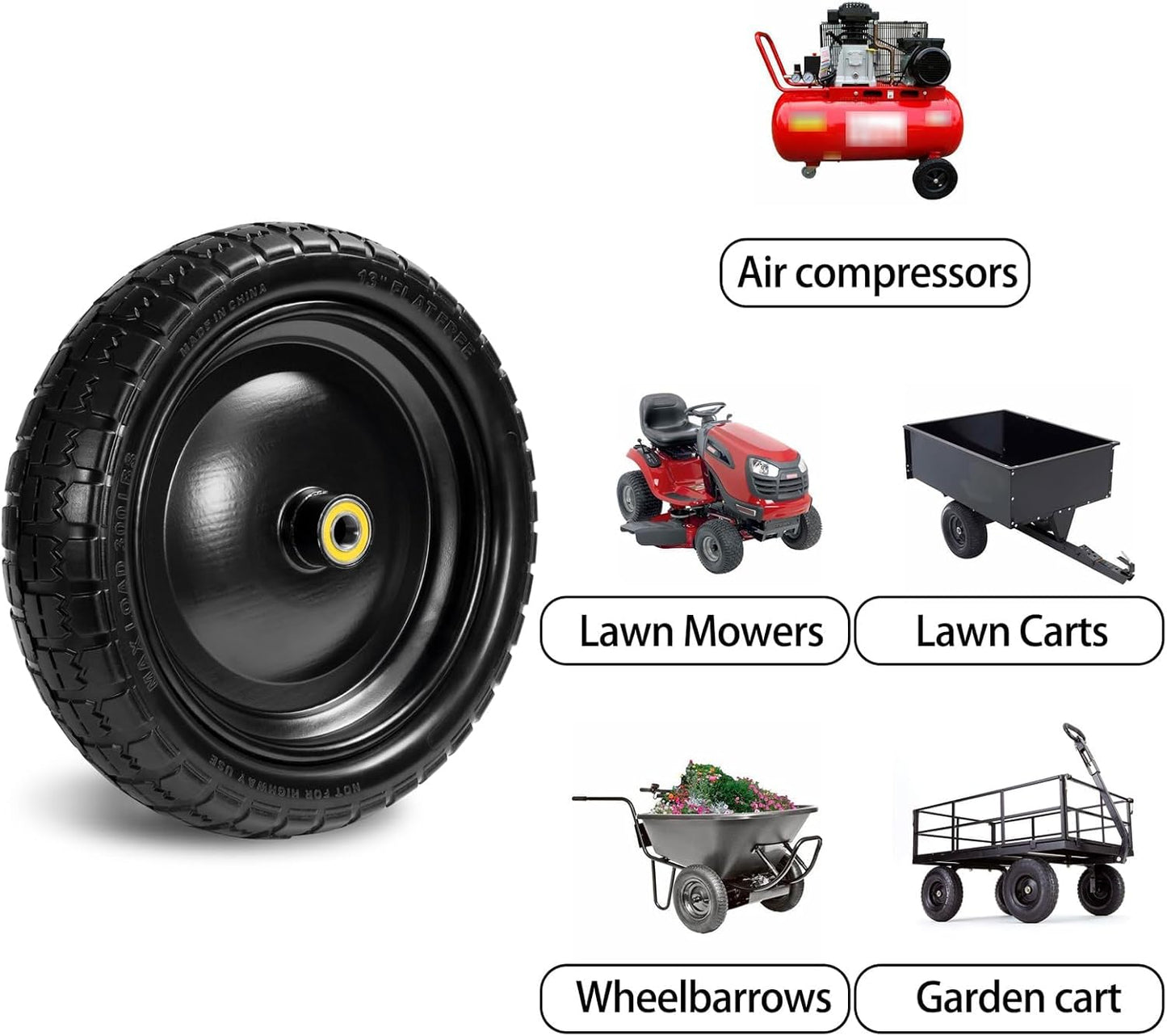 13" Tire Compatible with Gorilla Cart, 4.00-6 Flat Free Solid Tire and Wheel (Solid Polyurethane) for Wagon,Wheelbarrow,Yard Trailers-5/8" Bearings,Offset Hub 2.1" (2 Pack)