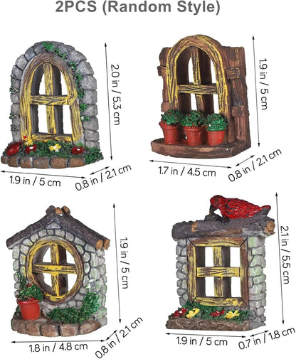 DOITOOL Resin Sculpture, 2 PCS Fairy Garden Door Accessories Miniature Window for Tree, Green with Pink Flower, Indoor/Outdoor Use, Gnome Themed Gift