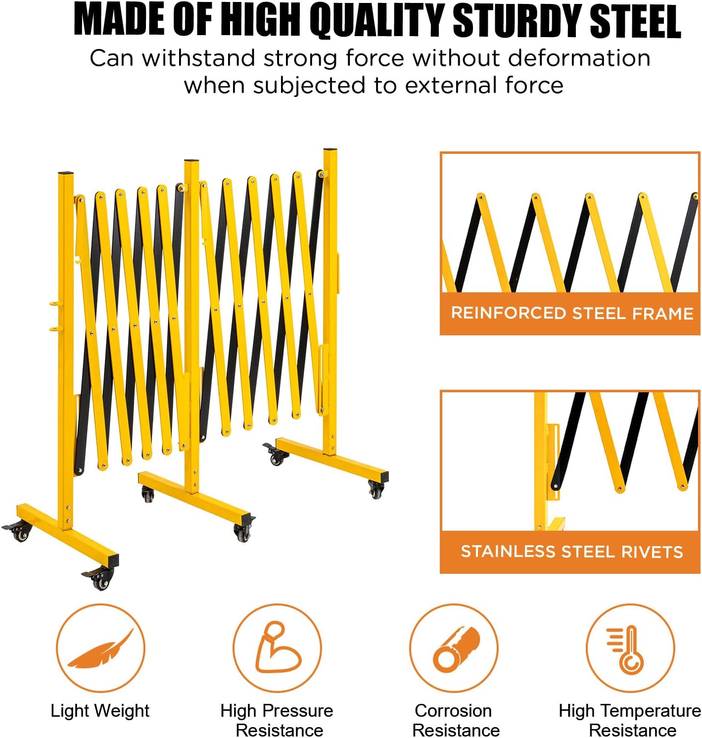 TECSPACE Industrial Expandable Metal Barricade, Expansion Size 16.4 FT, Yellow and Black,Durable Steel Safety Barricade with casters, Flexible Mobile Barrier Gate, Adjustable Traffic Fence