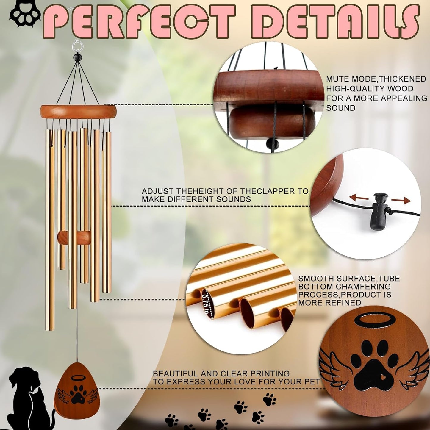 Pet Memorial Wind Chime Gift Set with Bracelet, Wooden Ornament and Sympathy Card, Black&Golden (Golden)