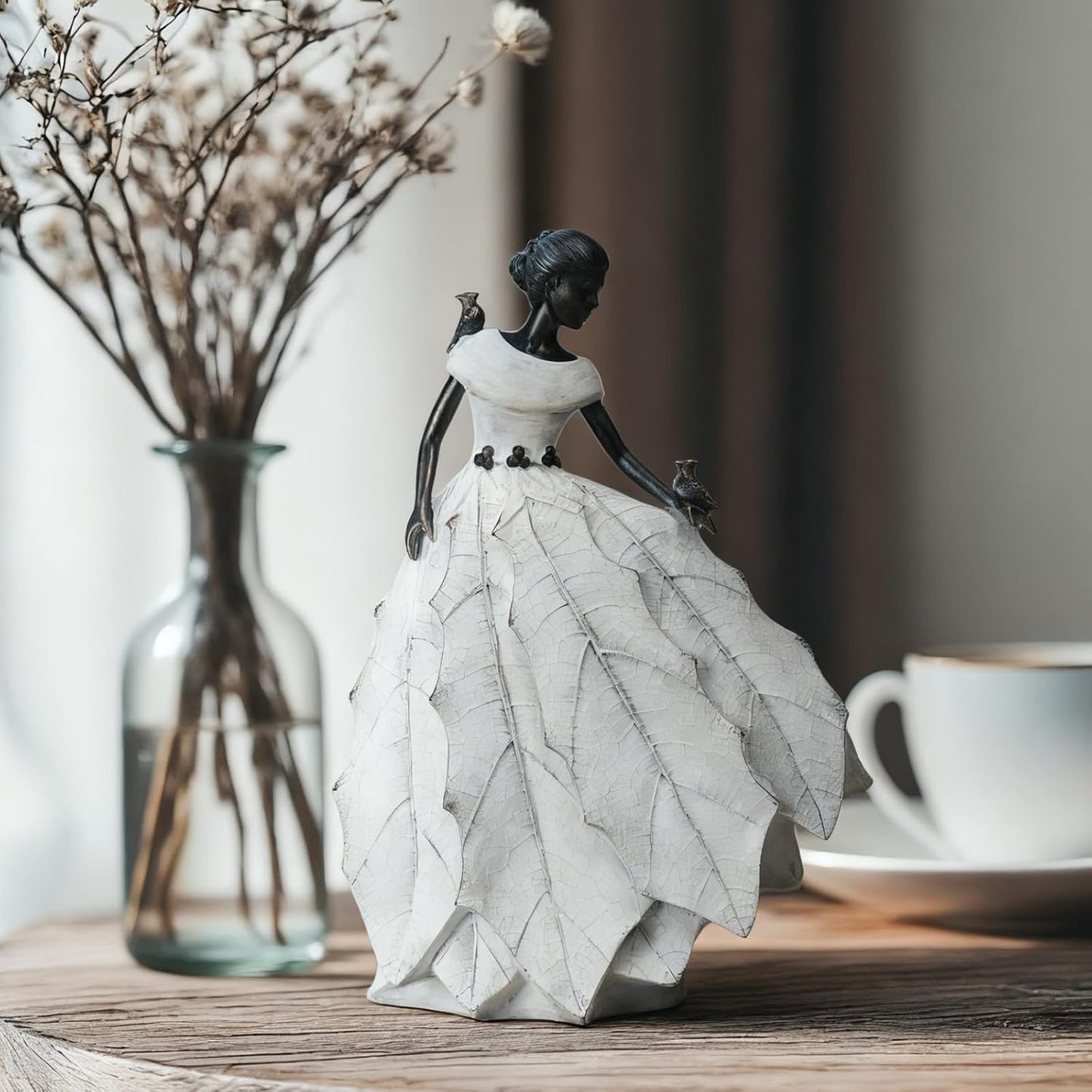 DiliComing Fairy Garden Accessories Outdoor Statue - 14.5 Inch Table Decor for Living Room Garden Maiden Bookshelf Decor Xmas Resin Holly Leaves Maiden White Statue