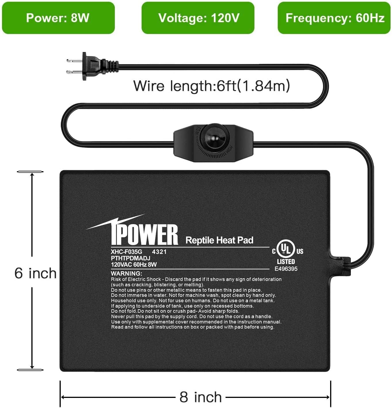 iPower 6 by 8-Inch Reptile Heat Mat with Temperature Adjustable Controller Knob, LCD Digital Aquarium Thermometer, Under Tank Warmer Terrarium Heat Pad for Reptiles and Amphibians
