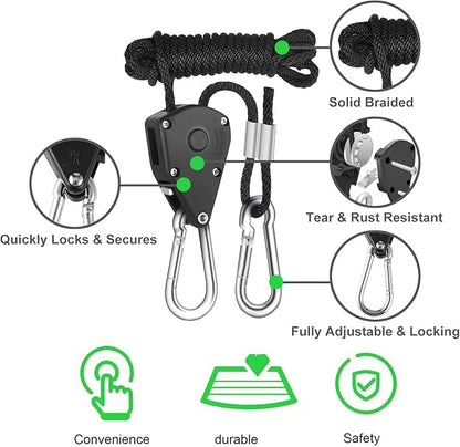 Rope Clip Hanger, 12 Packs 1/8 in Reinforced Adjustable Height Anti-Loose Design Gears Clip for Growing Light Fixtures, Hanging Plants, 8 FT Length 150lbs Weight Capacity