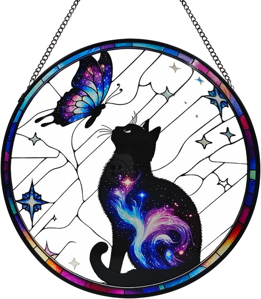 Black Cat Stained Glass Window Hanging, 9.8'' Black Cat & Butterfly with Nebula Design Suncatcher