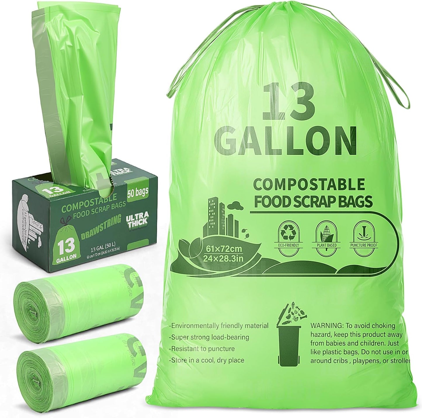 Amyhill 100 Count 13 Gallon Compostable Trash Bags Drawstring Heavy Duty Extra Thick 1.58 Mil 49.2 Liter Garbage Bags 13 Gallon Tall Kitchen Food Scrap Waste for Home Bathroom Garbage, Green
