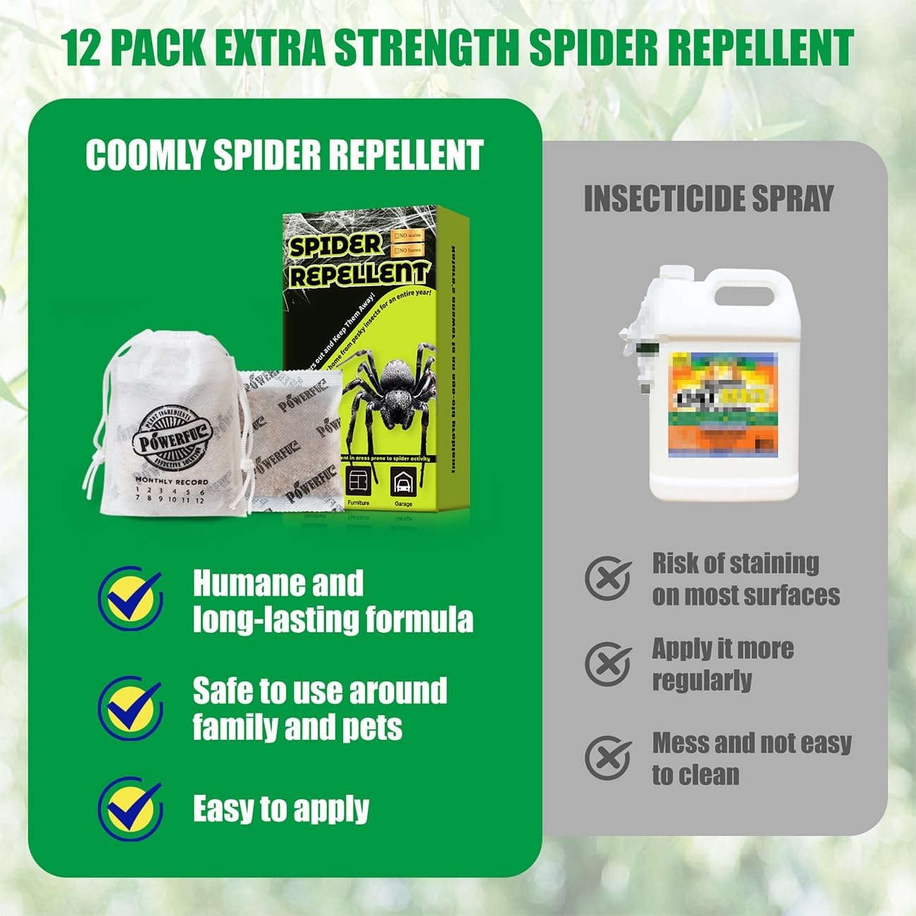 12 Pack Long-Lasting Spider Repellent Pouches - Natural Peppermint & Lemongrass Oil Blend, Indoor/Outdoor Pest Control for Closets, Attics, Garages, RVs (60 Day Protection)