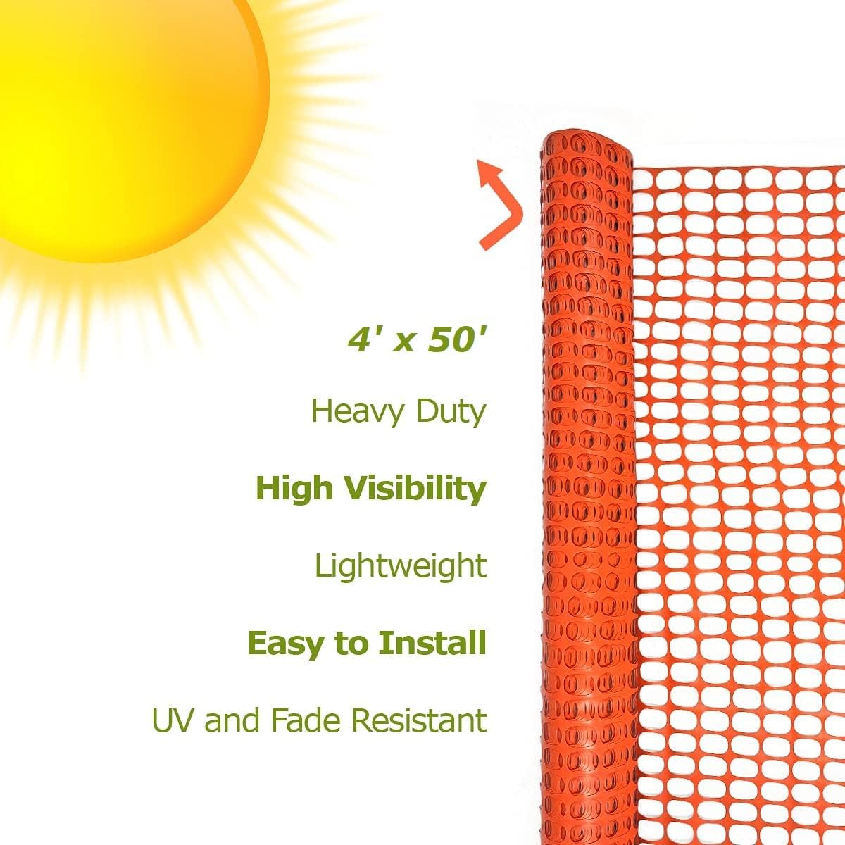 Ashman Plastic Mesh Fence, 4'x50' Feet, 1 Roll, Orange, Construction Barrier Netting, Garden Fencing, Fences Wrap, Above Ground, for Snow, Poultry, Chicken, Deer, Patio, Garden Netting, Orange 50FT.