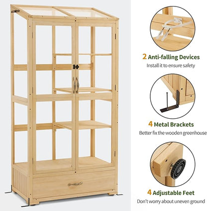 Macrout Cold Frame Greenhouse, Tall Wooden Greenhouse for Outdoor Indoor Use with Polycarbonate Panels, 3 Tier Garden Cold Frame with Drawer and Shelves, 0864 (Natural)