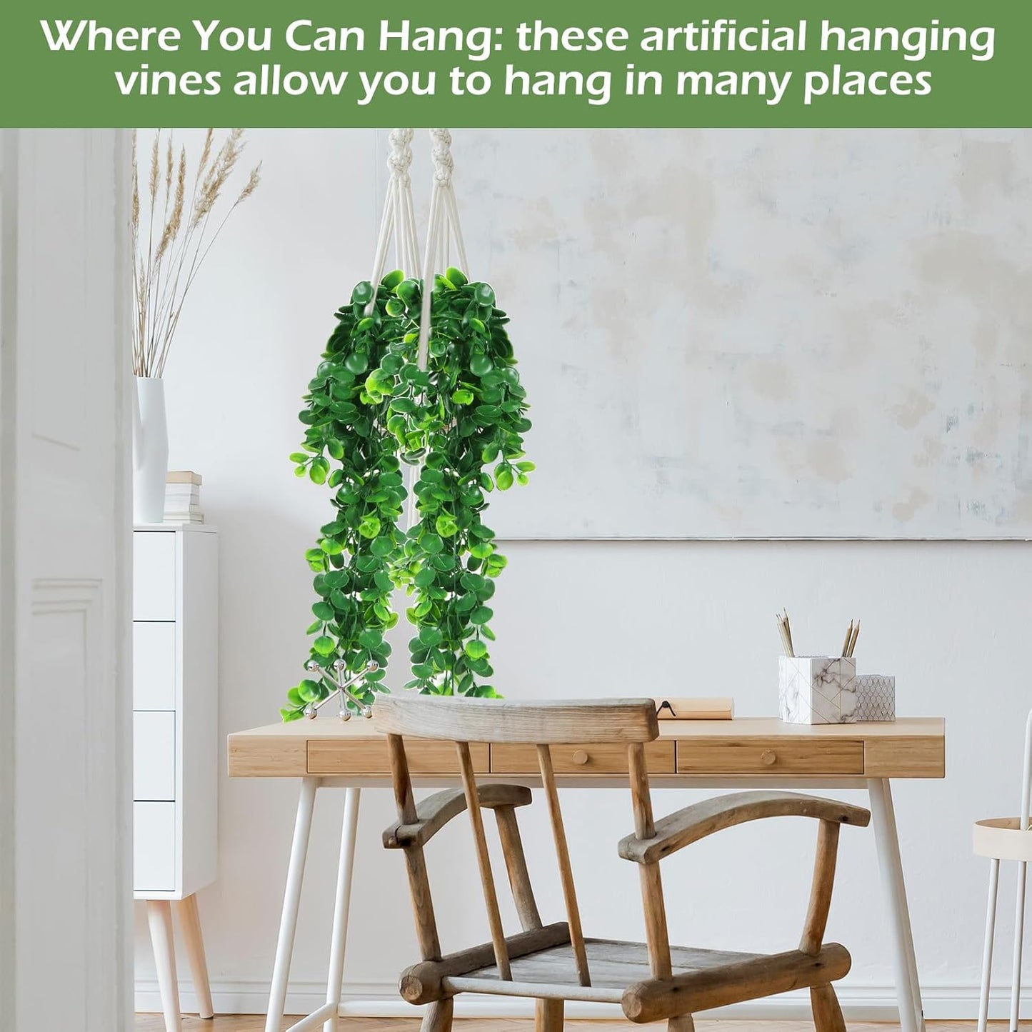 Hoteam 24 Pcs Artificial Hanging Plants 32 Inch Fake Ivy Vines with Fake Leaves Patio Artificial Plants Greenery for Living Room Indoor Outdoor Wall, No Basket (Eucalyptus)