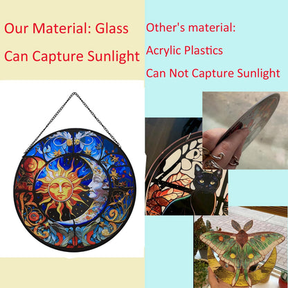 Hanging Stained Glass for Windows,20cm/7.87inch Sun and Moon Hand-Painted Sun Catcher Garden Hangings Christmas Mother's Day, Valentine's Day Ornaments Festival Gift