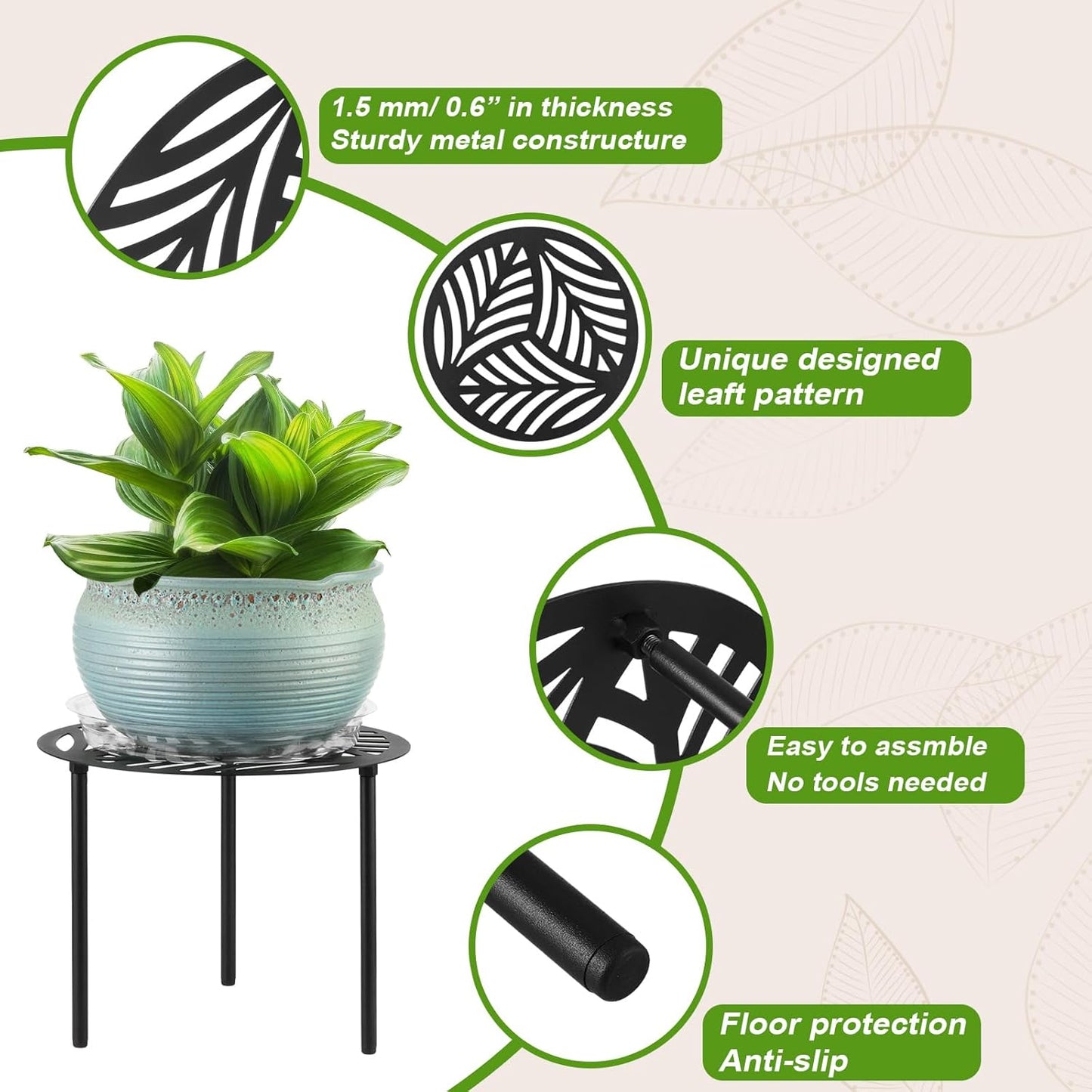 5-Pack 12 Inches Large Heavy-duty Metal Plant Stands Flower Pot Holder for Indoor Outdoor Rust-proof Potted Planter Riser Modern Round Corner Stand Shelf for Living Room Patio Garden Yard, Black, 12" D x 12" H