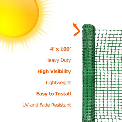 Ashman Plastic Mesh Fence, Construction Barrier Netting, Green, 4'x100' Feet, 1 Roll, Garden Fencing, Fences Wrap, Above Ground, for Snow, Poultry, Chicken, Deer, Patio, Garden Netting, Green 100FT