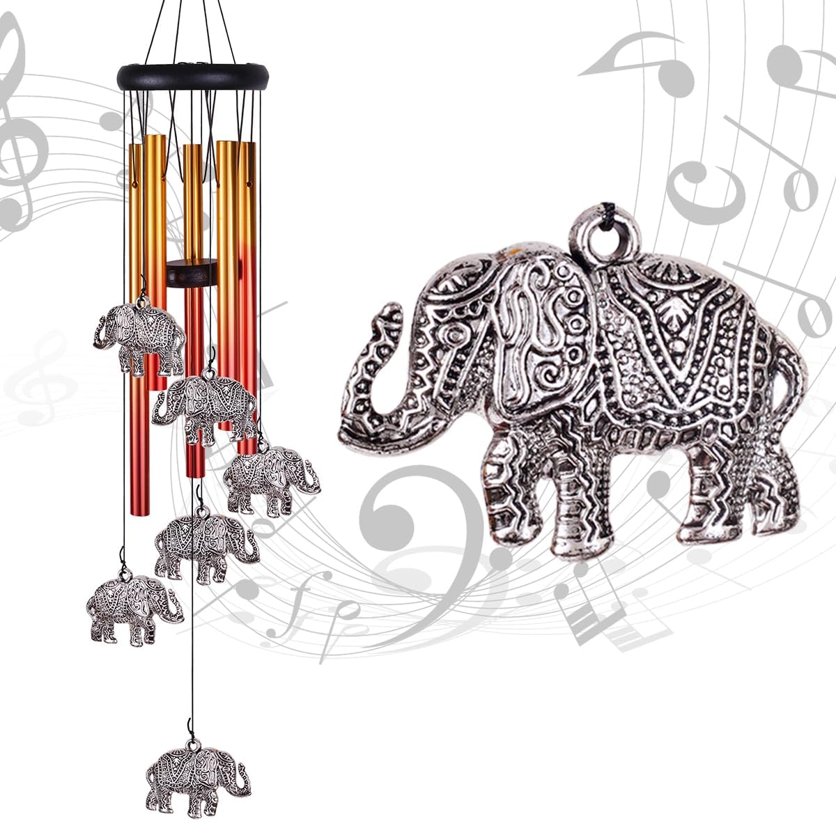 Elephant Wind Chimes Outdoor/Indoor Decor - Pure Hand-Made Mobile Romantic Wind Catcher, 28" Elephants Wind Chimes for Home, Xmas, Gift for Mom, Balcony, Patio, Garden Decoration(6 Elephants, 5 Tubes)