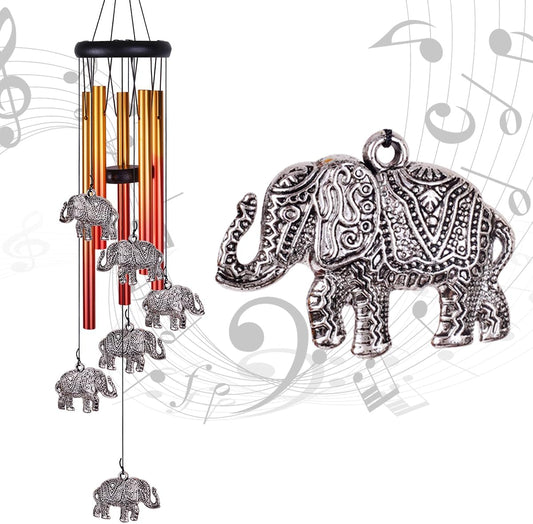Elephant Wind Chimes Outdoor/Indoor Decor - Pure Hand-Made Mobile Romantic Wind Catcher, 28" Elephants Wind Chimes for Home, Xmas, Gift for Mom, Balcony, Patio, Garden Decoration(6 Elephants, 5 Tubes)