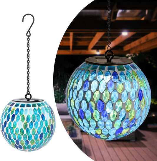 Solar Lanterns Outdoor Waterproof Hanging Solar Mosaic Lantern Outdoor Hanging Lights Waterproof Garden Patio Pathway Yard Décor Green