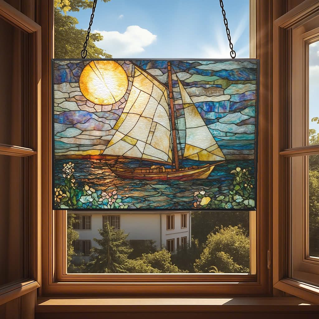 Personalized Rectangle Art Nouveau Painted Sailboat Stained Glass Window Hanging Suncatcher, Suncatcher Stained Glass Christmas Halloween