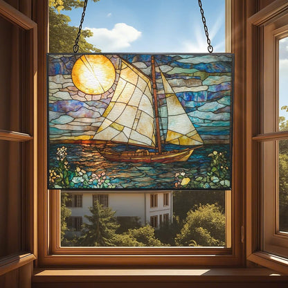 Personalized Rectangle Art Nouveau Painted Sailboat Stained Glass Window Hanging Suncatcher, Suncatcher Stained Glass Christmas Halloween