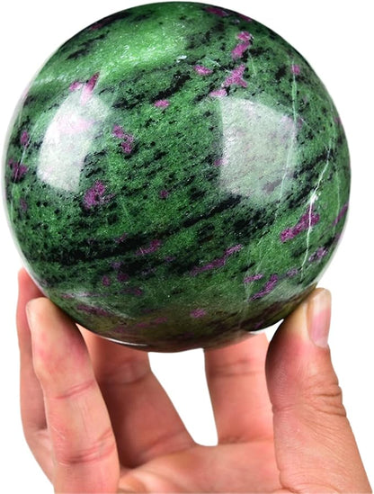 JIC Gem Large Gemstone Sphere Ball Ruby Zoisite Healing Crystal Ball Red&Green Crystal Sphere with Wood Stand Crystal Decorative Ball Home Decoration (90-100mm)