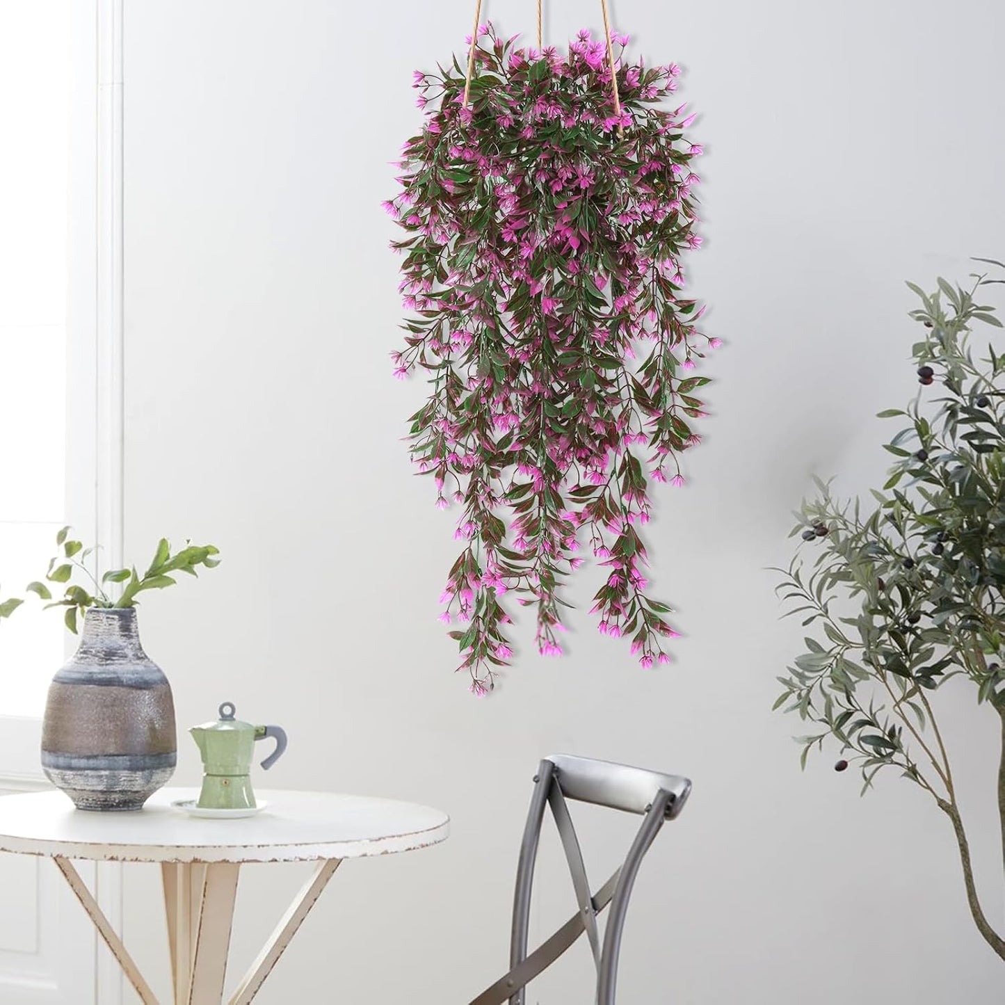 TOCHGREEN 4Pcs Artificial Hanging Plants Fern Vine, Faux Plastic Plants Fake Ivy Vine Greenery Garland with RoseRed Flower, Outdoor Indoor Decorations for Living Room Garden Wall Home Decor (Rose Red)