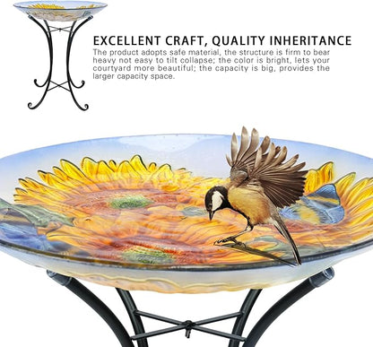 MUMTOP Outdoor Glass Birdbath with Metal Stand for Outside Lawn Yard Garden Sunflower Decor,18??Dia/21.65 Height