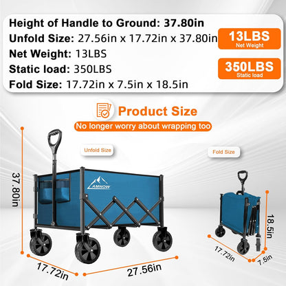 Collapsible Folding Wagon Cart, 350LBS Utility Large Capacity Cart Foldable Wagon with All Terrain Wheels, Grocery Wagons Carts for Garden Shopping Sports Camping, Blue