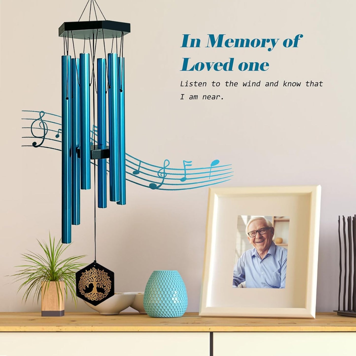 33" Tree of Life Memorial Wind Chimes | Soothing Blue Sympathy Wind Chime for Loss of Loved One, Calming Melody & Deep Tone, Outdoor Garden Decor & Housewarming Gift